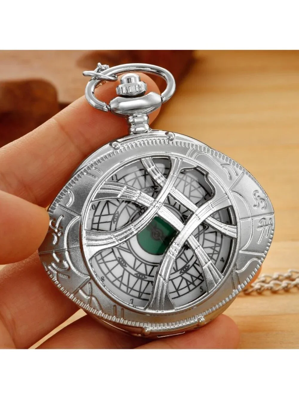 Men's Silver Analog Quartz Green Eyes Shape Pendant Necklace Round Pocket Watch